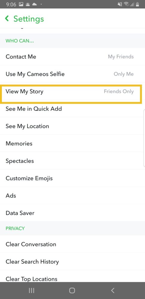 Snapchat Settings Page Who Can Section