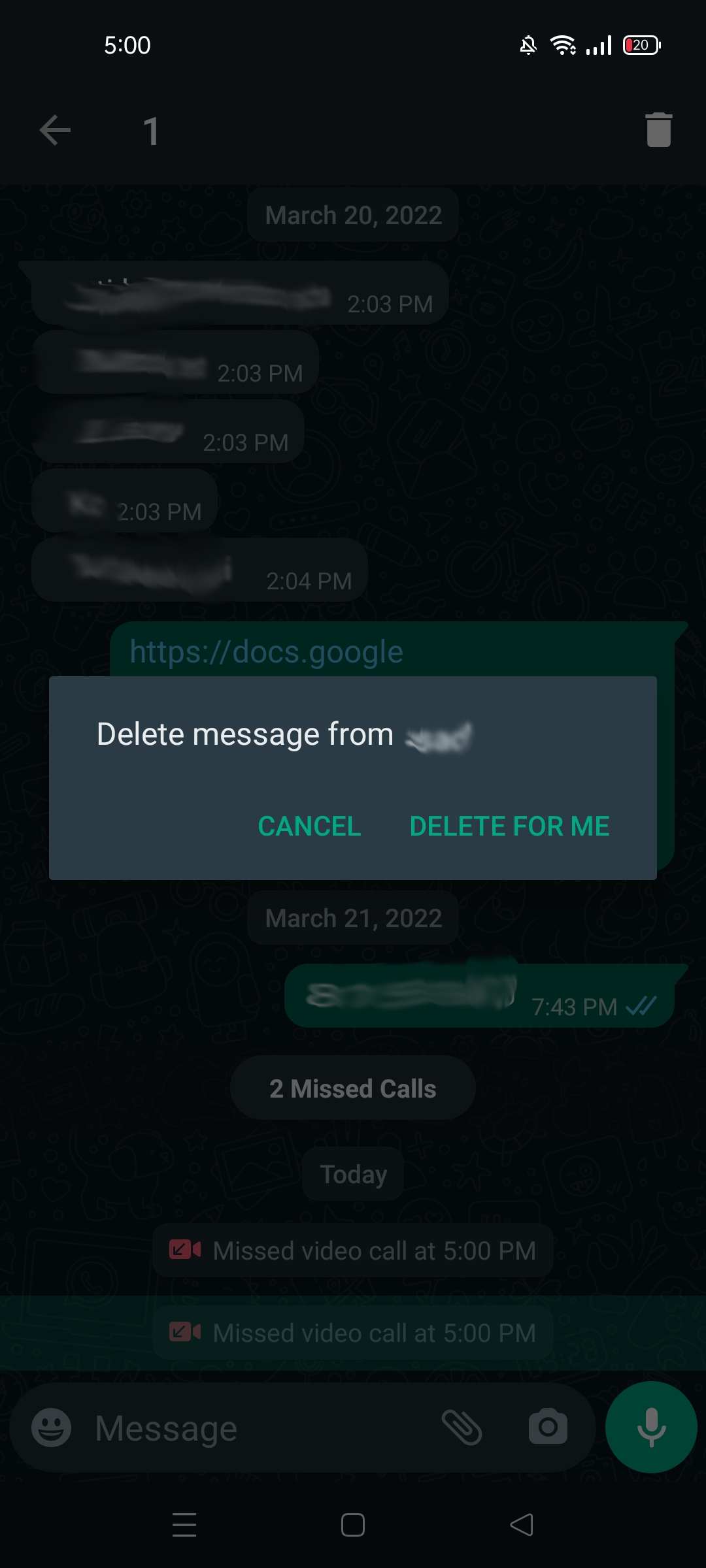 Delete missed calls in WhatsApp from chatbox in Android