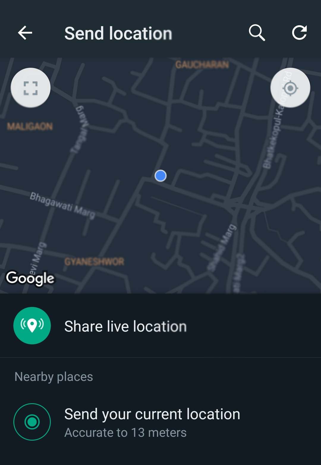 chose the option to share location with others on WhatsApp.