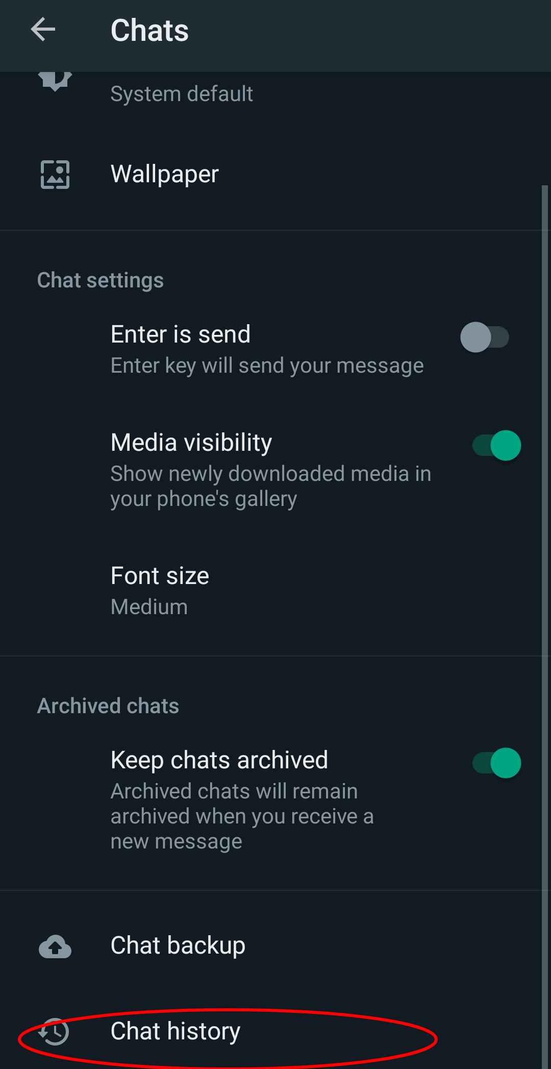 Tap on chat history to export WhatsApp chats