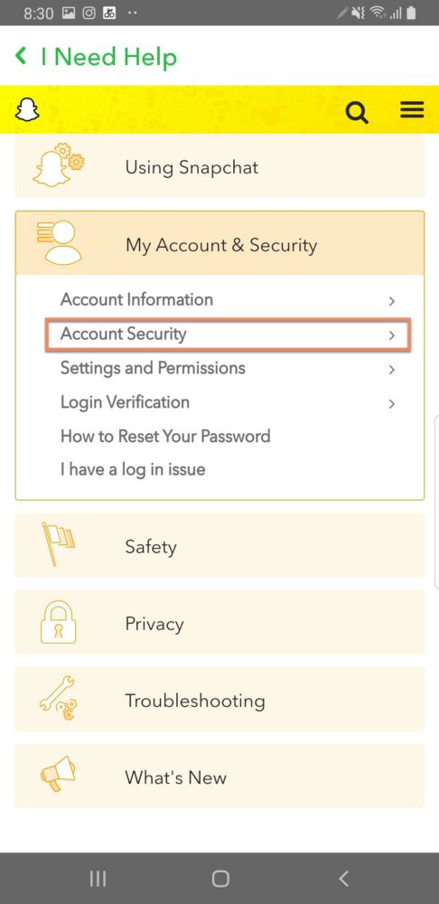 Snapchat app My Account and Security