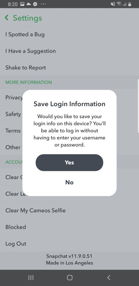 Snapchat Save Login Info