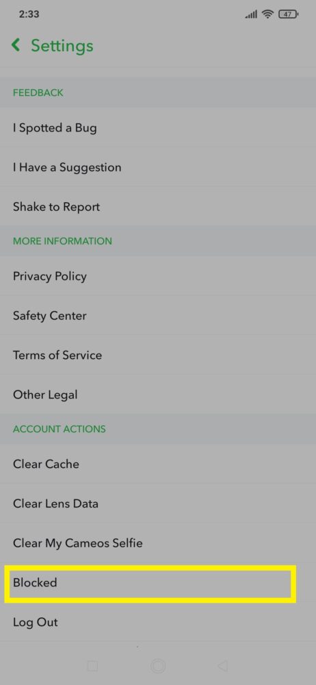 Snapchat Settings Page Blocked option Selected