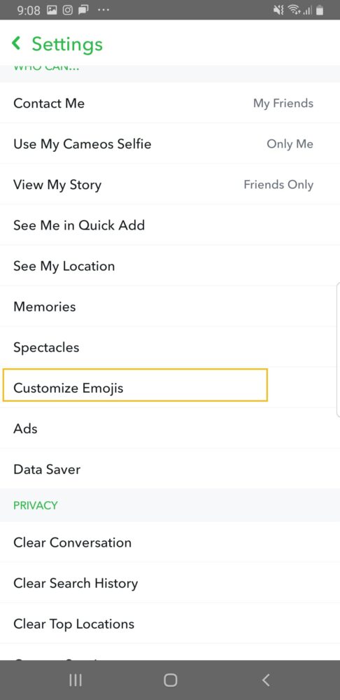 Snapchat Settings- Customize Emojis