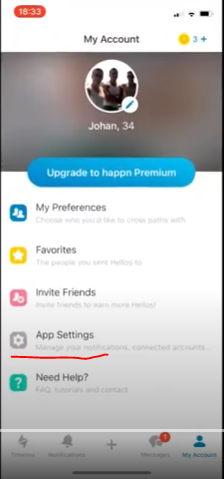 Happn app settings